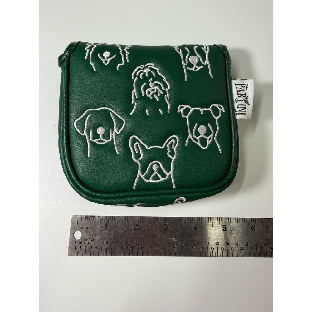 The Barini Golf Mallet Putter Cover Green Embroidered Dogs Magnetic Closure